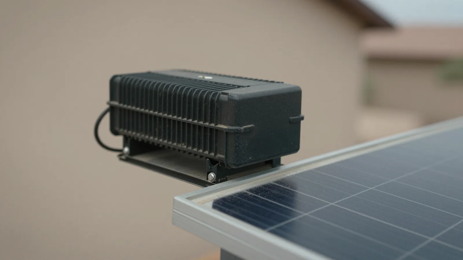 A microinverter unit mounted behind a solar panel. microinverters for solar panels