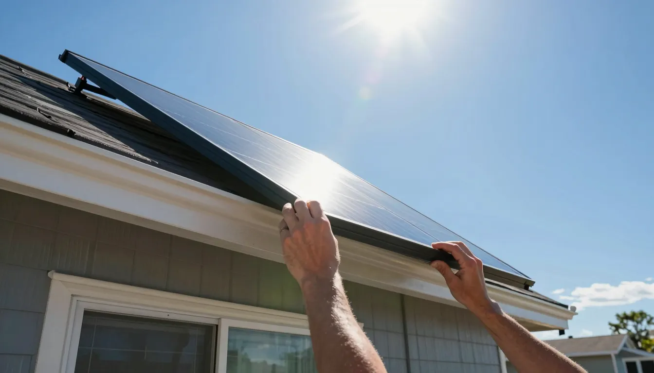 A mobile home rooftop with a discreet, flush-mounted solar panel array. solar panels for mobile homes