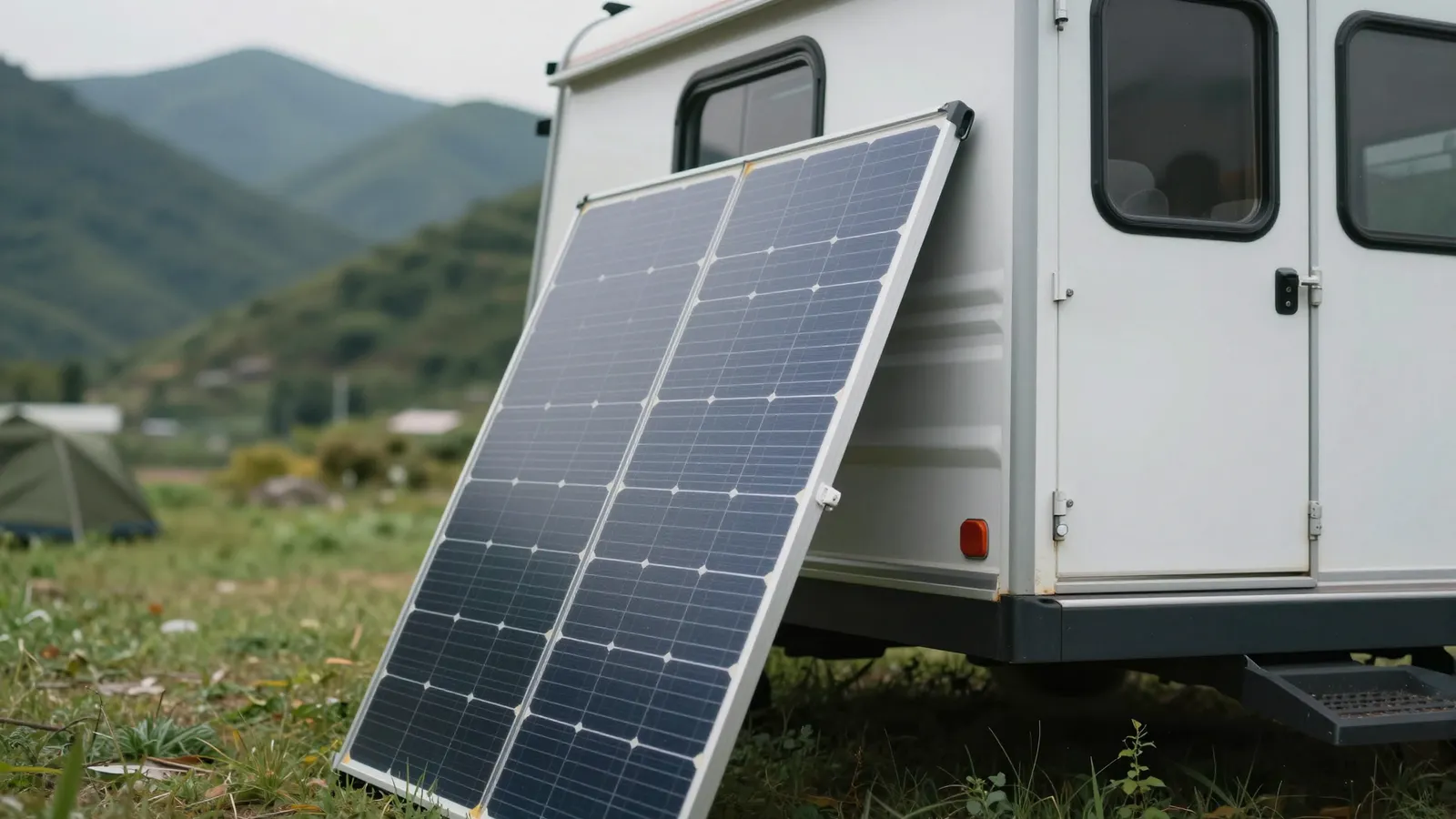 Detail view of solar panel mounting hardware securely attached to a manufactured home roof. solar panels for mobile homes